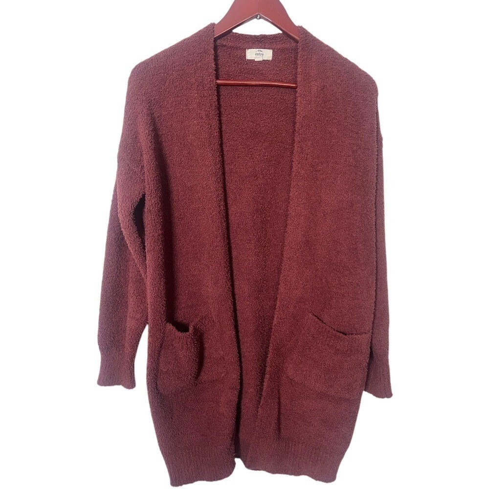 Entro Burgundy Rust Fuzzy Popcorn Knit Open Front Longline Cardigan Sweater S